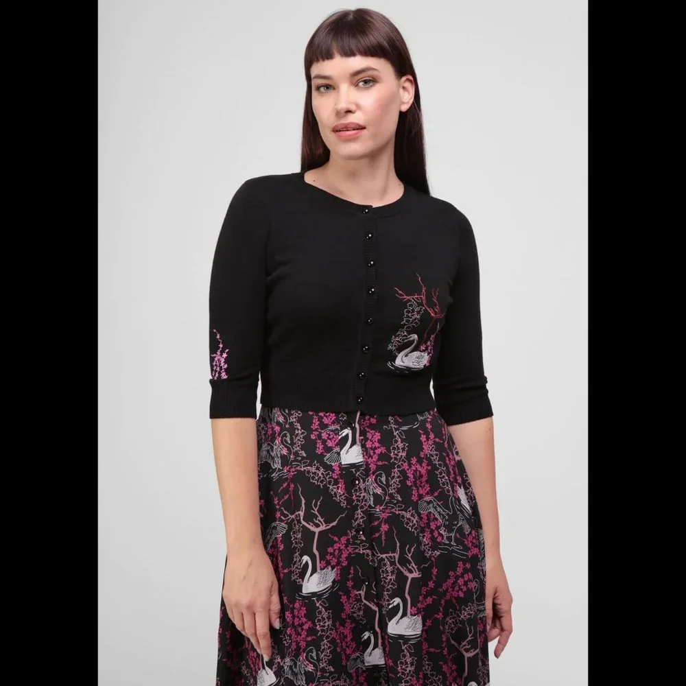 NWT Collectif Lucy Swan Forest Cardigan cropped balck XXS UK 6 - Picture 3 of 8